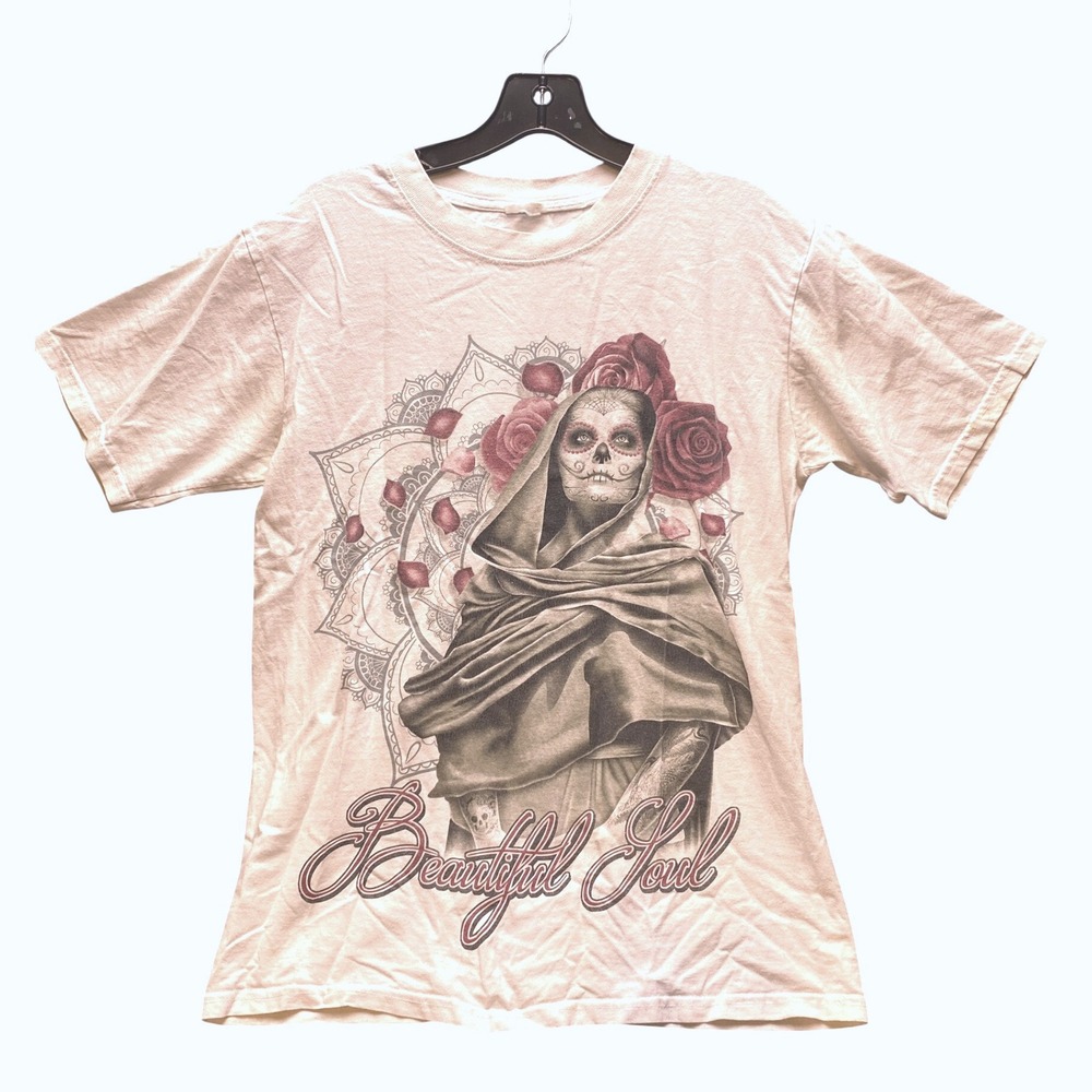 Beautiful Soul Shirt Men's Medium Y2K‎ Script Grunge Roses Skull Spell Out White